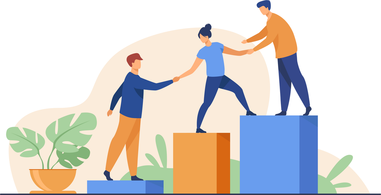 Employees giving hands and helping colleagues to walk upstairs. Team giving support, growing together. Illustration for teamwork, mentorship, cooperation concept